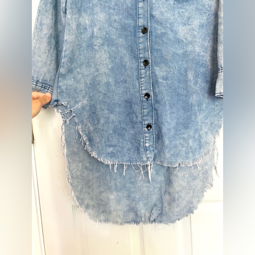 KROIX Cotton Rhinestones Details Raw Hem Hi Lo Denim Button-Up Shirt Dress Sz M - Picture 12 of 17